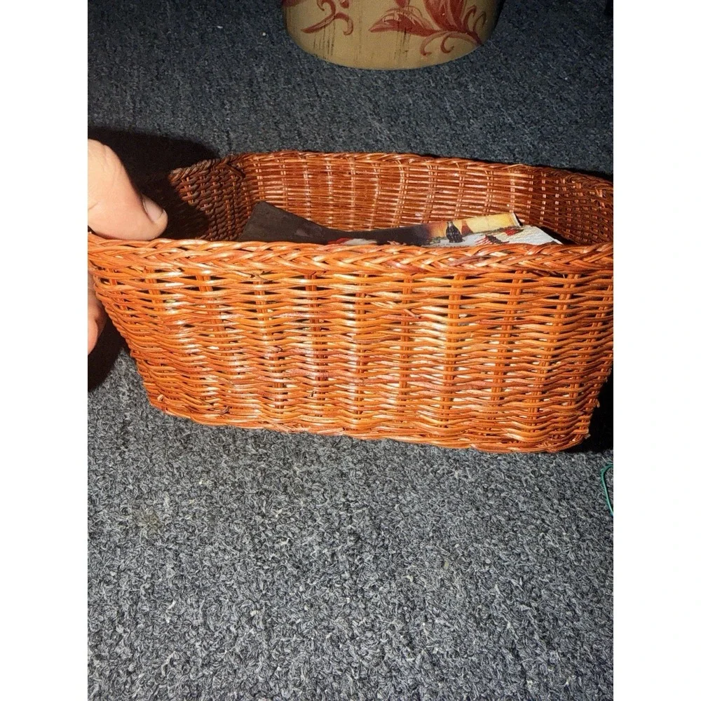 Vintage Wicker Napkin Basket Holder with Santa Claus Christmas Napkins Brown